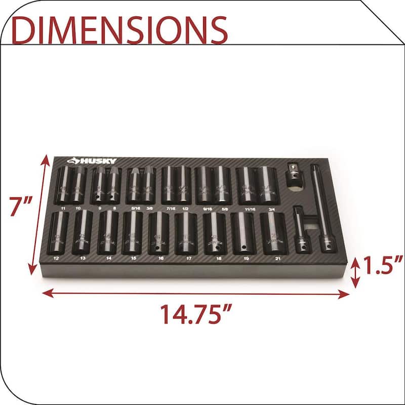 Juego de Llaves de Vaso Husky de 1/4 in., 3/8 in. y 1/2 in. Drive de Cromo e Impacto con Bandejas de Almacenamiento de EVA (250 Piezas) - H250CISSEVACB