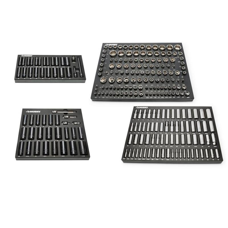 Juego de Llaves de Vaso Husky de 1/4 in., 3/8 in. y 1/2 in. Drive de Cromo e Impacto con Bandejas de Almacenamiento de EVA (250 Piezas) - H250CISSEVACB