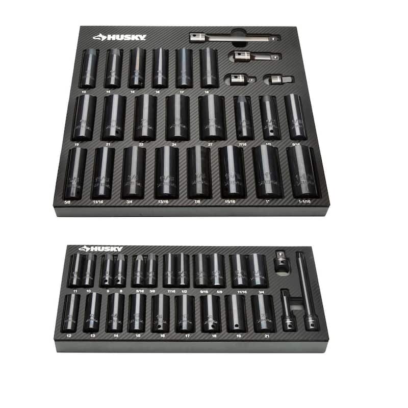 Juego de Llaves de Vaso Husky de 1/4 in., 3/8 in. y 1/2 in. Drive de Cromo e Impacto con Bandejas de Almacenamiento de EVA (250 Piezas) - H250CISSEVACB