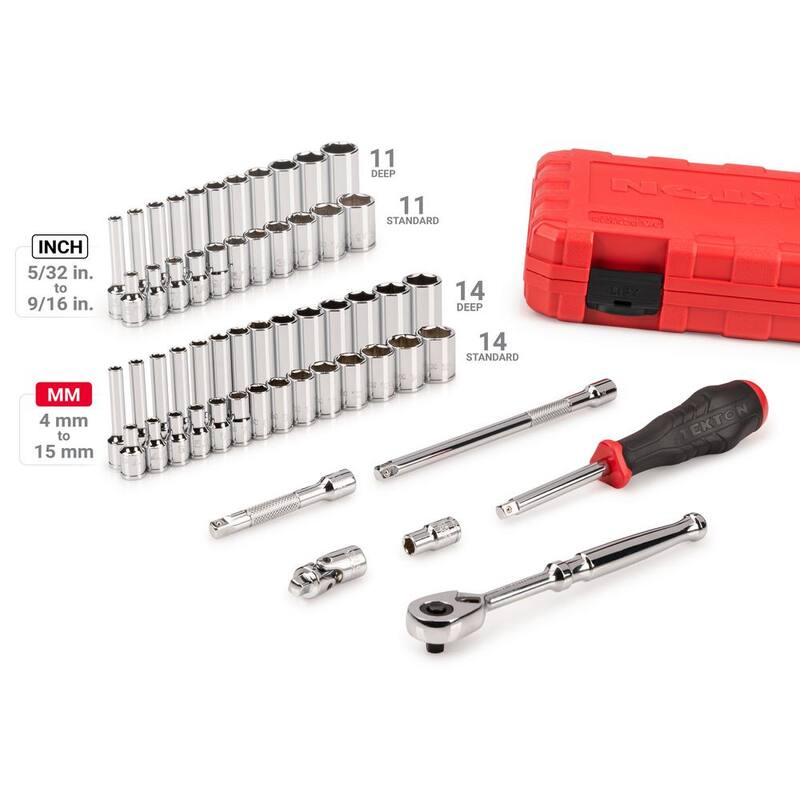 Juego de Llave de Vaso de 1/4 de pulgada y Trinquete de 6 Puntos TEKTON, 56 Piezas (5/32 - 9/16 de pulgada 4 - 15 mm) - SKT05303