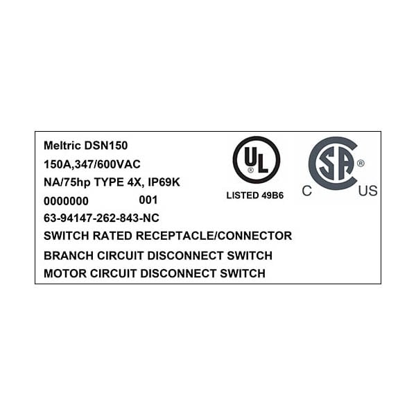 Receptáculo Pin & Sleeve Meltric, 150 A, 600V CA, NEMA 4X - 63-94147-262-843-NC