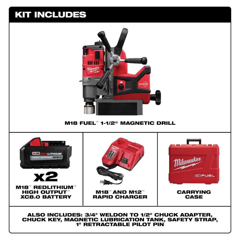 Kit de Alto Rendimiento de Taladro Magnético Milwaukee 18V de Iones de Litio sin Escobillas Inalámbrico 3/4 in., 1-1/2 in., con Dos Baterías de 8.0Ah - 2787-22HD
