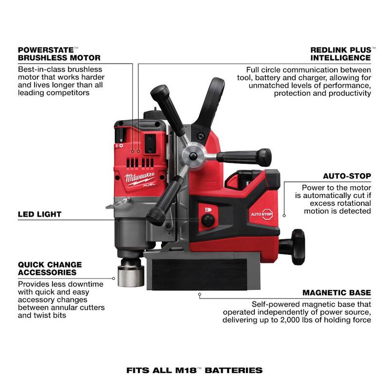 Kit de Alto Rendimiento de Taladro Magnético Milwaukee 18V de Iones de Litio sin Escobillas Inalámbrico 3/4 in., 1-1/2 in., con Dos Baterías de 8.0Ah - 2787-22HD