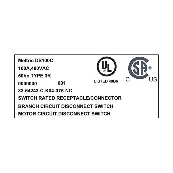 Receptáculo Pin & Sleeve de Meltric, 100 A, 480V CA, 3 Polos, NEMA 3R - 33-64243-C-K04-375-NC