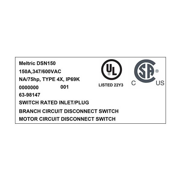 Receptáculo de clavija y enchufe Meltric, 150 A, 347/600V AC, NEMA 4X - 63-98147