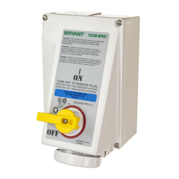 Dispositivo IEC Pin and Sleeve, Hembra Mecánicamente Interbloqueado, 30A 3-Fase Delta 250V CA, Estanco - BRY430MI9W