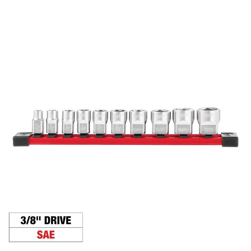 Juego de llaves de vaso de perfil bajo de 3/8 pulgadas SAE de Milwaukee con 6 puntos y CUATRO Lados PLANOS (10 piezas) - 48-22-9403