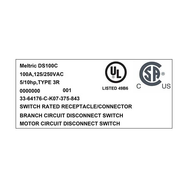 Receptáculo de clavija y enchufe Meltric, 100 A, 125/250V CA, 2 Polos, NEMA 3R - 33-64176-C-K07-375-843