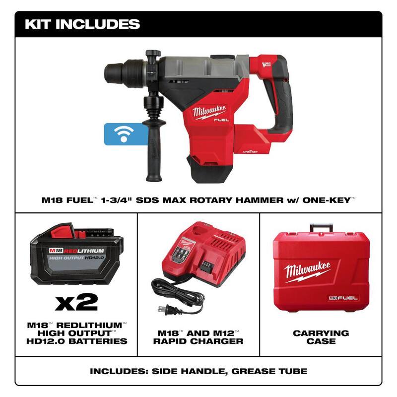 Martillo rotativo SDS-MAX inalámbrico Milwaukee M18 FUEL ONE-KEY de 18V con tecnología de Litio-Ion sin escobillas de 1-3/4 pulgadas con dos baterías de 12.0 Ah - 2718-22HD