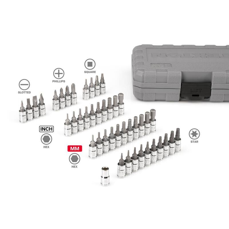 Juego de puntas de vaso para llave de 1/4 de pulgada TEKTON con cabezas hexagonales, Torx, Phillips, ranuradas y cuadradas (44 piezas) - SHB90302
