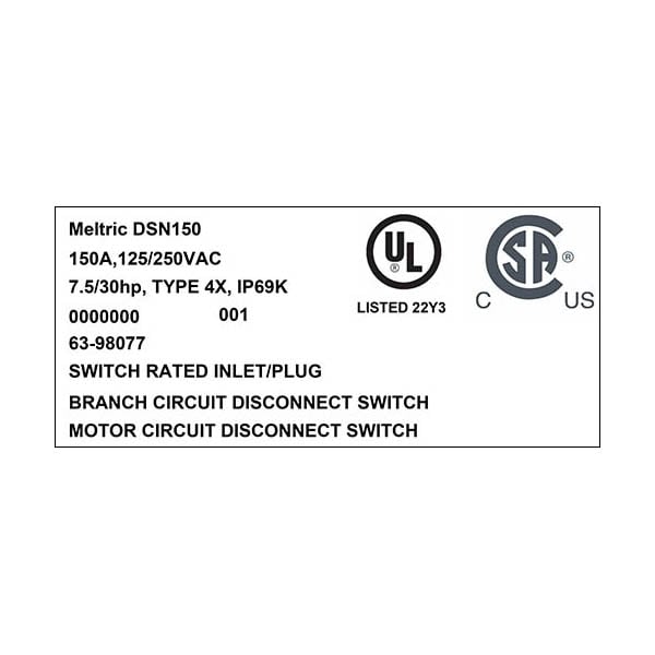 Receptáculo de clavija y enchufe Meltric, 150 A, 125/250V AC, NEMA 4X - 63-98077