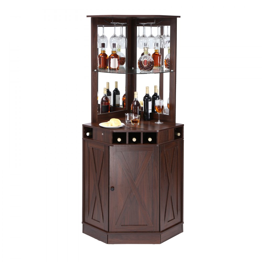 VEVOR Corner Industrial Bar Cabinet, Wine Table for Liquor & Glasses, Sideboard Buffet Cabinet with Glass Holder, Freestanding Farmhouse Wood Coffee Bar Cabinet for Living Room, Home Bar, Black Walnut - QJ23631573211CRJ2V0