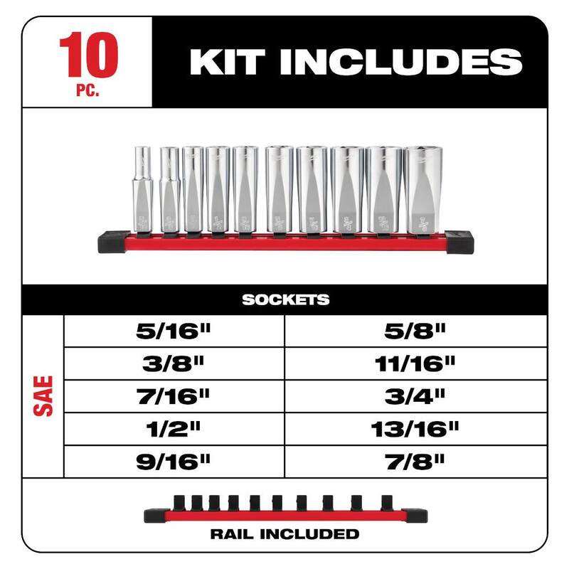 Llave de vasos Milwaukee de 3/8 pulgadas en medidas estándar y medidas profundas con 6 puntas y CUATRO LADOS planos (de 20 piezas) - 48-22-9403-48-22-9405