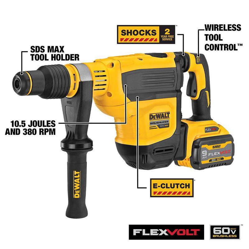 Martillo rotativo SDS MAX inalámbrico DEWALT FLEXVOLT 60V MAX sin escobillas de 1-3/4 pulgadas y (2) baterías FLEXVOLT 9.0Ah - DCH614X2