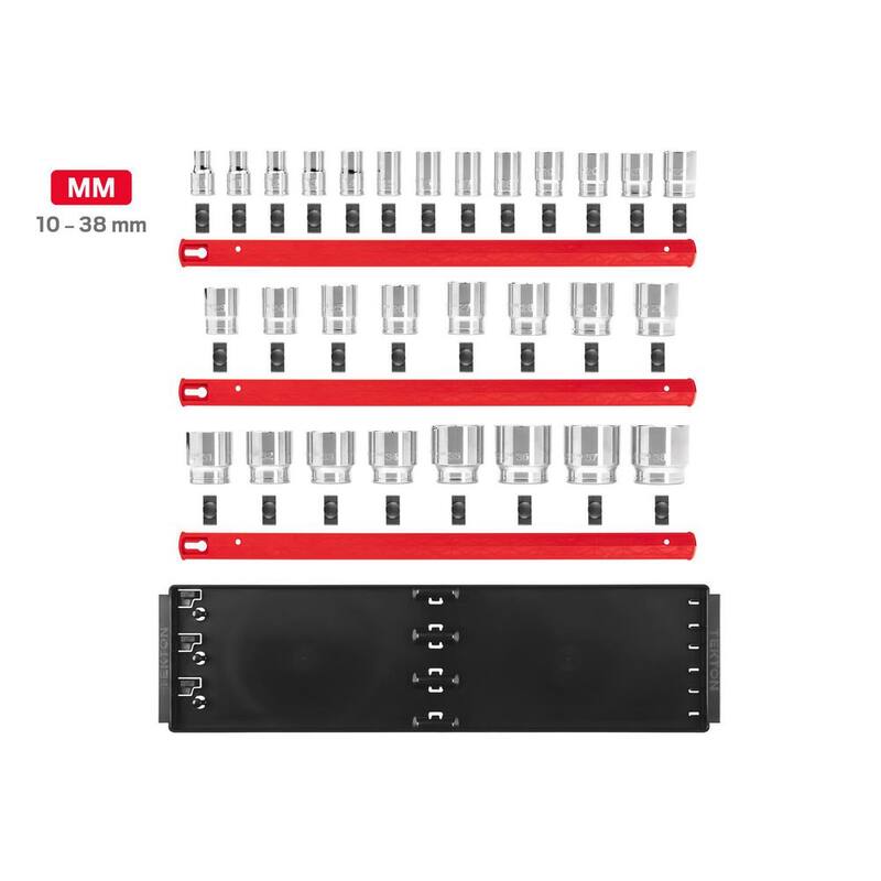 Juego de vasos de 1/2 pulg. de 6 puntos TEKTON, (29 piezas) (10-38 mm) con rieles - SHD92124