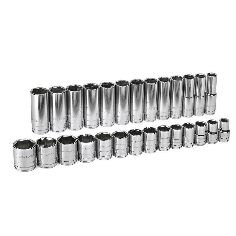 Juego de dados SAE estándar y profundo de 6 puntos de 1/2 pulgadas de accionamiento GEARWRENCH (27 piezas) - 80729