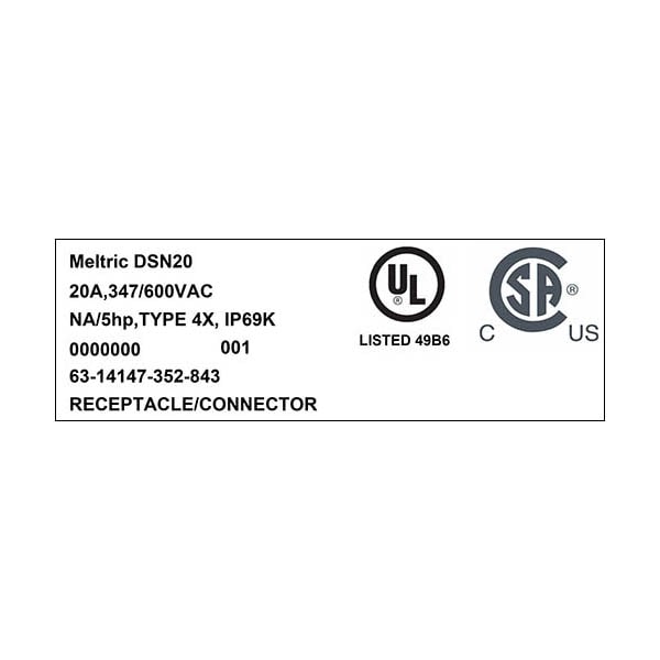 Receptáculo de clavija y enchufe Meltric, 20 A, 347/600V AC, 3 polos, NEMA 4X - 63-14147-352-843