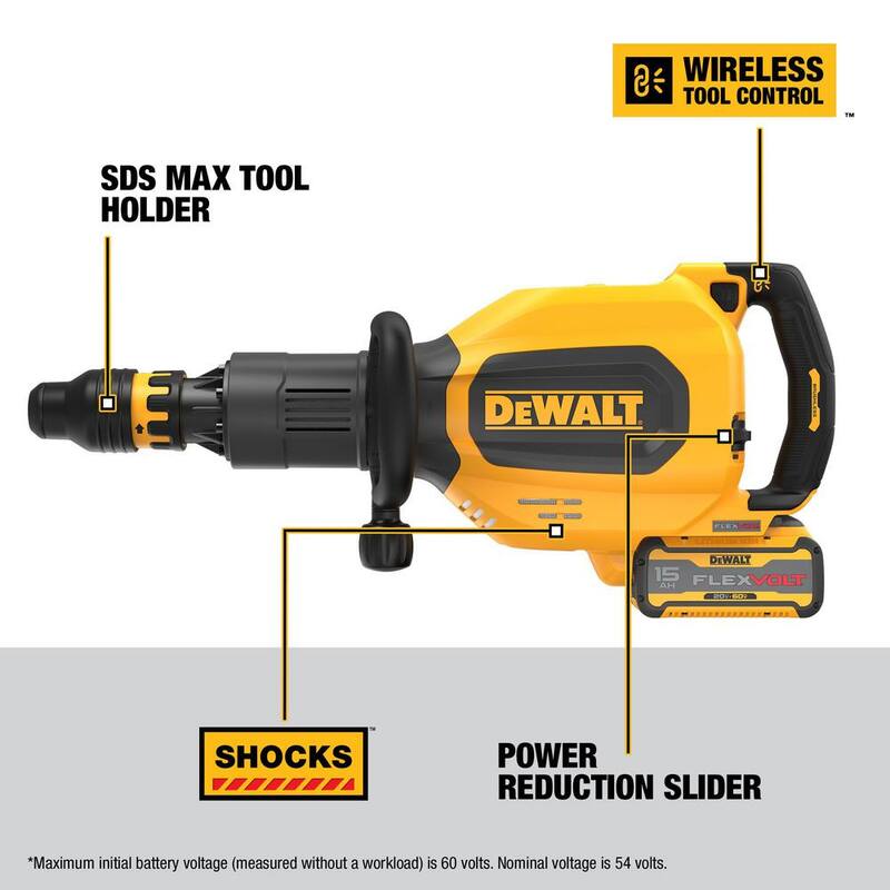 Martillo demoledor en línea DEWALT de 60 voltios y 27 libras con capacidad máxima de 1-3/4 pulgadas - Kit DCH911Z2