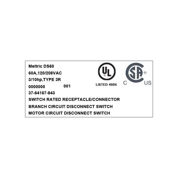 Receptáculo de clavija y enchufe Meltric, 60 A, 120/208V AC, NEMA 3R - 37-64167-843