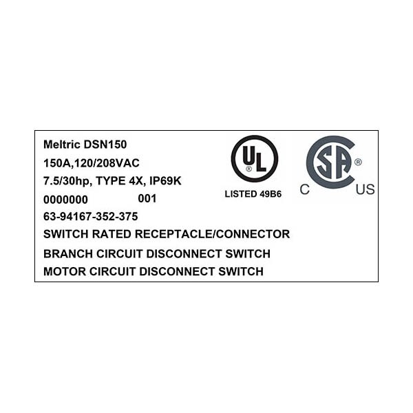 Receptáculo Pin & Sleeve Meltric, 150 A, 120/208V AC, NEMA 4X - 63-94167-352-375