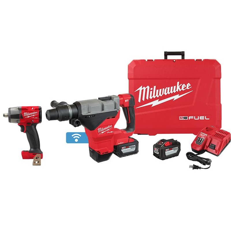 Martillo rotativo inalámbrico sin escobillas Milwaukee M18 FUEL ONE-KEY de 18 voltios con SDS-MAX de 1-3/4 pulgadas, con dos baterías de 12.0 Ah/llave de impacto - 2718-22HD-2962-20.