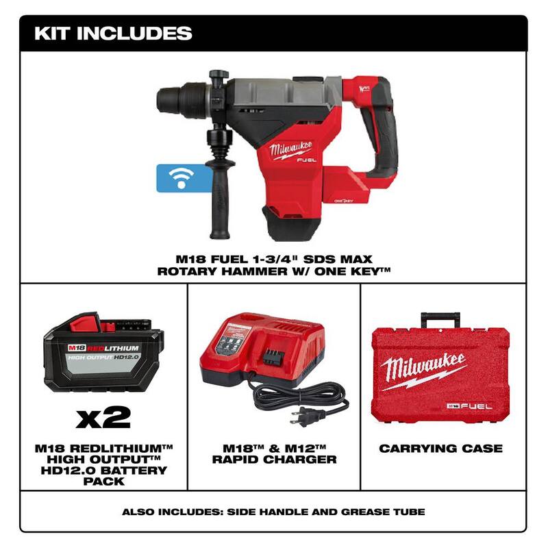 Martillo rotativo Milwaukee M18 FUEL ONE-KEY de 18V con tecnología Brushless inalámbrico de iones de litio de 1-3/4 pulgadas SDS-MAX y juego de llave de impacto de 1/2 pulgadas - 2718-22HD-2967-20.