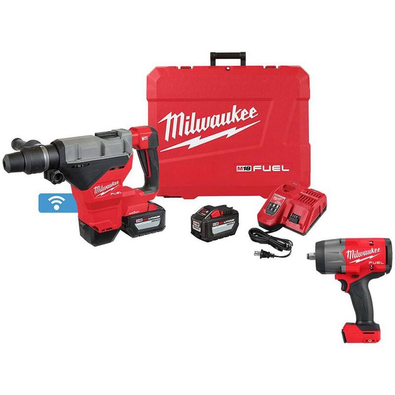 Martillo rotativo Milwaukee M18 FUEL ONE-KEY de 18V con tecnología Brushless inalámbrico de iones de litio de 1-3/4 pulgadas SDS-MAX y juego de llave de impacto de 1/2 pulgadas - 2718-22HD-2967-20.