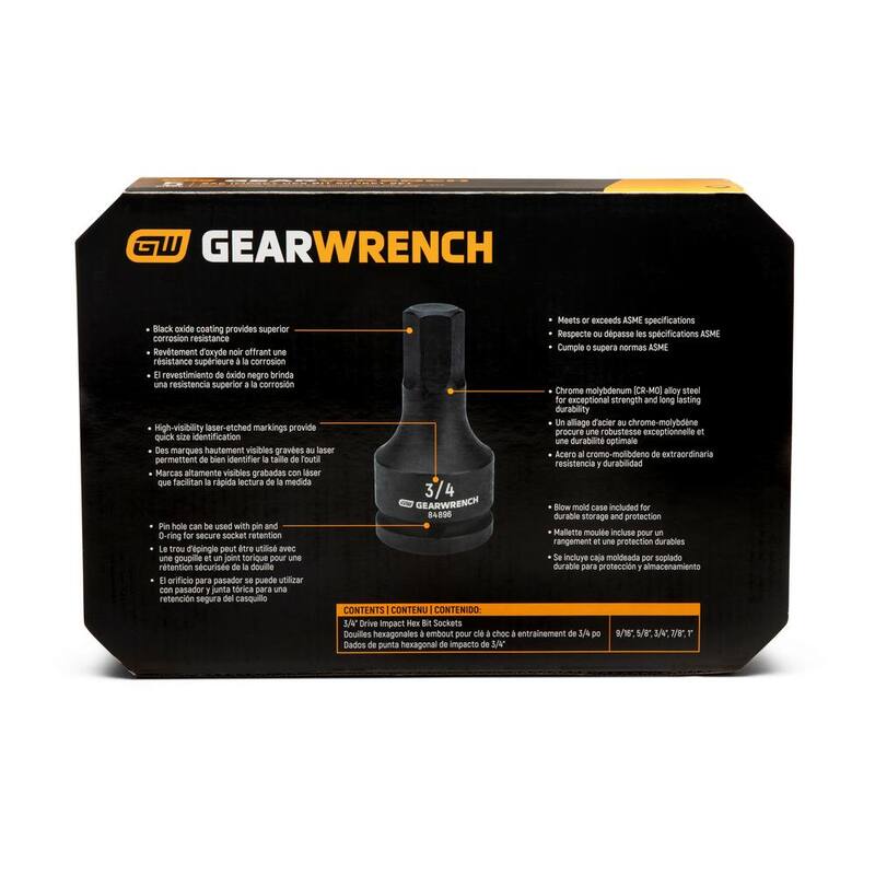 Juego de puntas hexagonales de impacto SAE de 3/4 pulgadas de GEARWRENCH con estuche moldeado por soplado (5 piezas) - 84899-06