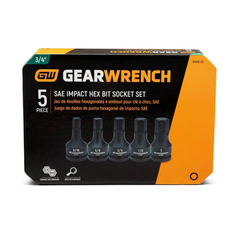 Juego de puntas hexagonales de impacto SAE de 3/4 pulgadas de GEARWRENCH con estuche moldeado por soplado (5 piezas) - 84899-06