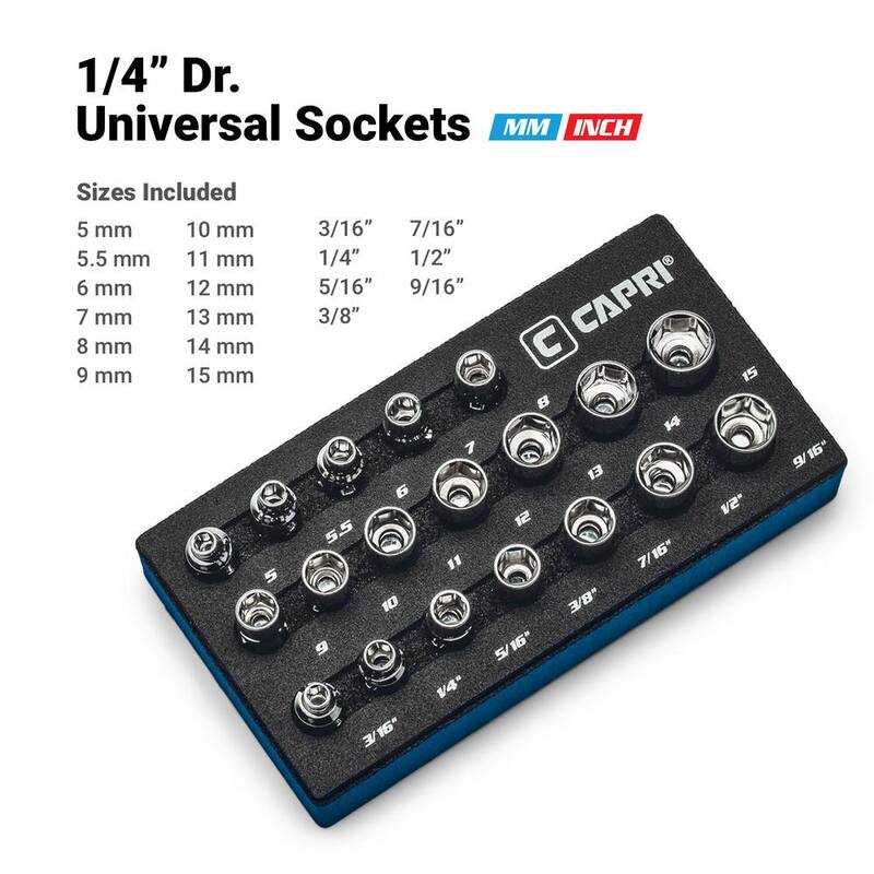 Juego de llaves de vaso universales maestras métricas y SAE de 1/4 de pulgada de Capri Tools (19 piezas) - CP12199