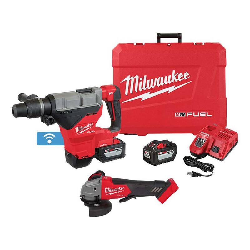 Martillo rotativo inalámbrico Milwaukee M18 FUEL ONE-KEY de 18V de iones de litio con motor sin escobillas de 1-3/4 pulgadas SDS-MAX con (2) baterías de 12.0Ah y amoladora FUEL - 2718-22HD-2880-20.