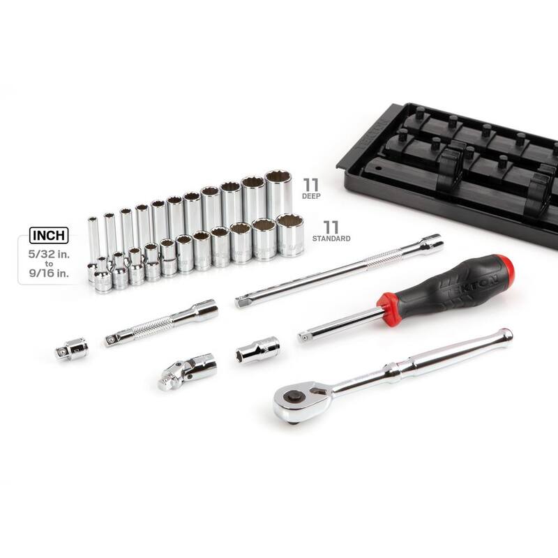 Set de enchufes de 12 puntos y llave de trinquete de 1/4 de pulgada TEKTON con rieles (5/32 a 9/16 pulgadas) (29 piezas) - SKT03102