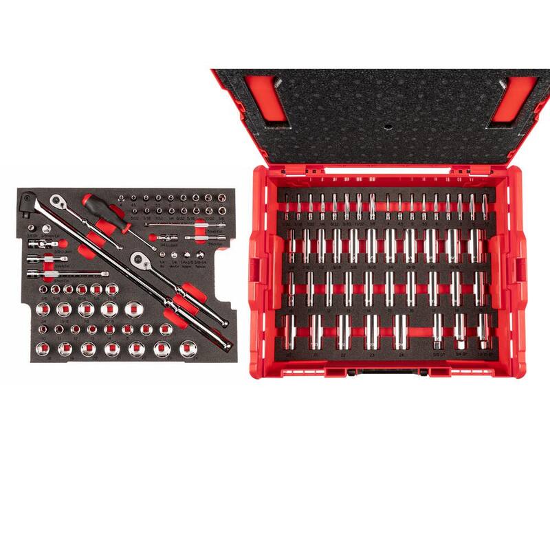 Juego de enchufes de 6 puntos TEKTON 1/4.3 in./8 in. Drive con inserto de tapa en caja de herramientas apilable, (5/32 - 1 in., 4 - 24 mm) (105 piezas) - OLB91301