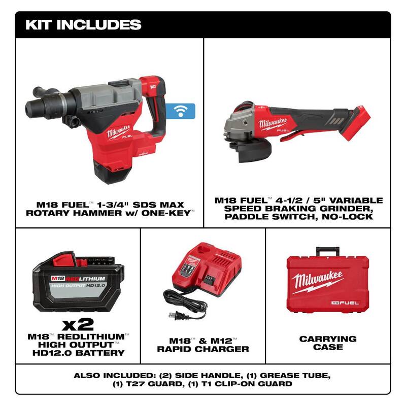 Milwaukee M18 FUEL ONE-KEY 18V Litio-Ion Inalámbrico sin escobillas 1-3/4 pulgadas SDS-MAX Martillo Rotativo con 2 baterías de 12.0 Ah y M18 FUEL Grinder - 2718-22HD-2888-20