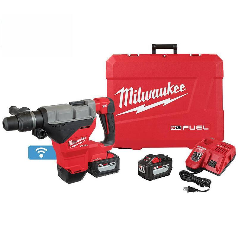 Martillo rotativo Milwaukee M18 FUEL ONE-KEY de 18V con tecnología Lith-Ion sin escobillas de 1-3/4 pulgadas SDS-MAX inalámbrico con 2 baterías y llave de impacto de 3/8 pulgadas - 2718-22HD-2960-20