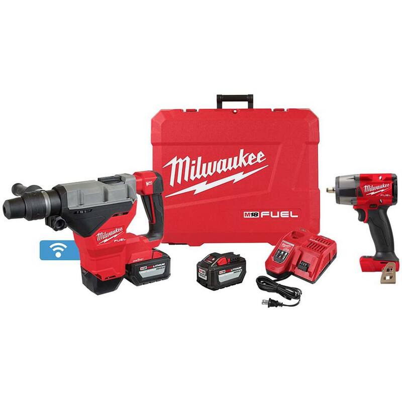 Martillo rotativo Milwaukee M18 FUEL ONE-KEY de 18V con tecnología Lith-Ion sin escobillas de 1-3/4 pulgadas SDS-MAX inalámbrico con 2 baterías y llave de impacto de 3/8 pulgadas - 2718-22HD-2960-20