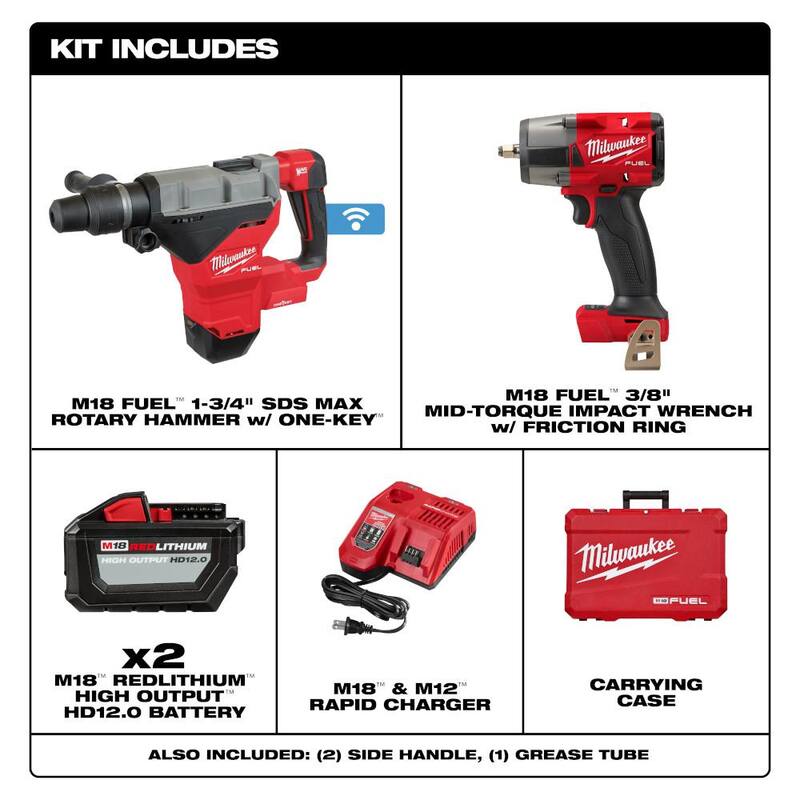 Martillo rotativo Milwaukee M18 FUEL ONE-KEY de 18V con tecnología Lith-Ion sin escobillas de 1-3/4 pulgadas SDS-MAX inalámbrico con 2 baterías y llave de impacto de 3/8 pulgadas - 2718-22HD-2960-20