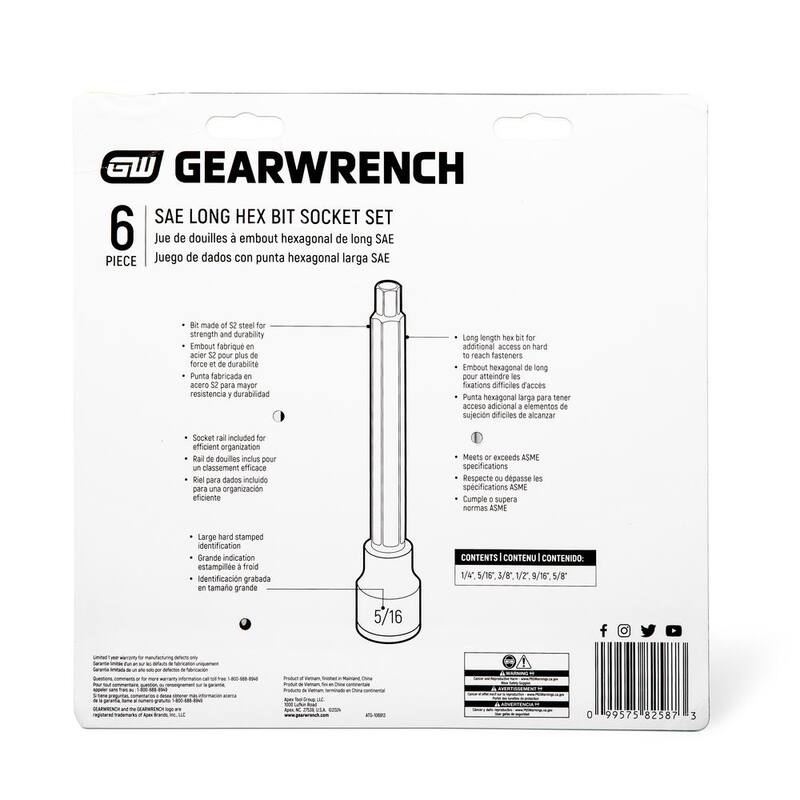 Juego de 6 puntas de vaso hexagonales largas de 1/2 pulgadas SAE de GEARWRENCH - 82587