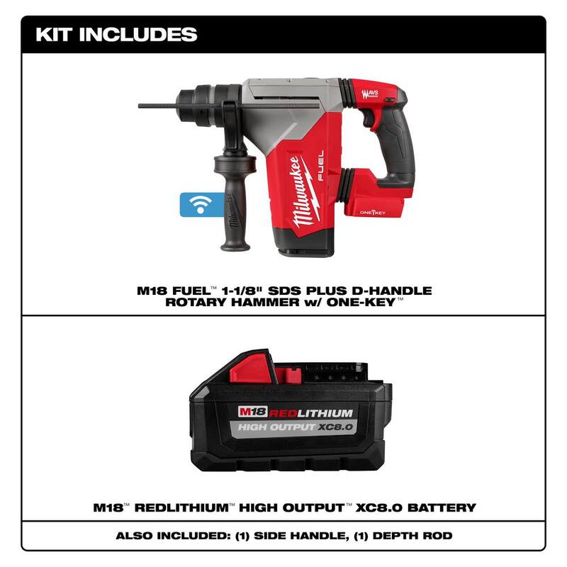 Martillo perforador rotativo inalámbrico sin escobillas Milwaukee M18 FUEL de 18V con batería de iones de litio SDS-Plus de 1-1/8 pulgadas y alta potencia de salida XC 8.0 Ah - 2915-20-48-11-1880.