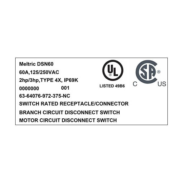 Receptáculo de clavija y enchufe Meltric, 60 A, 125/250V AC, 3 polos, NEMA 4X - 63-64076-972-375-NC