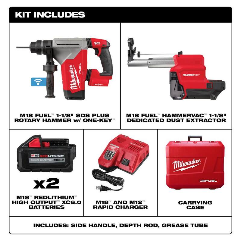 Milwaukee M18 FUEL 18V Lithium-Ion Brushless 1-1/8 in. Martillo rotativo SDS-Plus inalámbrico/Destornillador de polvo con extractor, Kit, Dos baterías de 6.0Ah - 2915-22DE