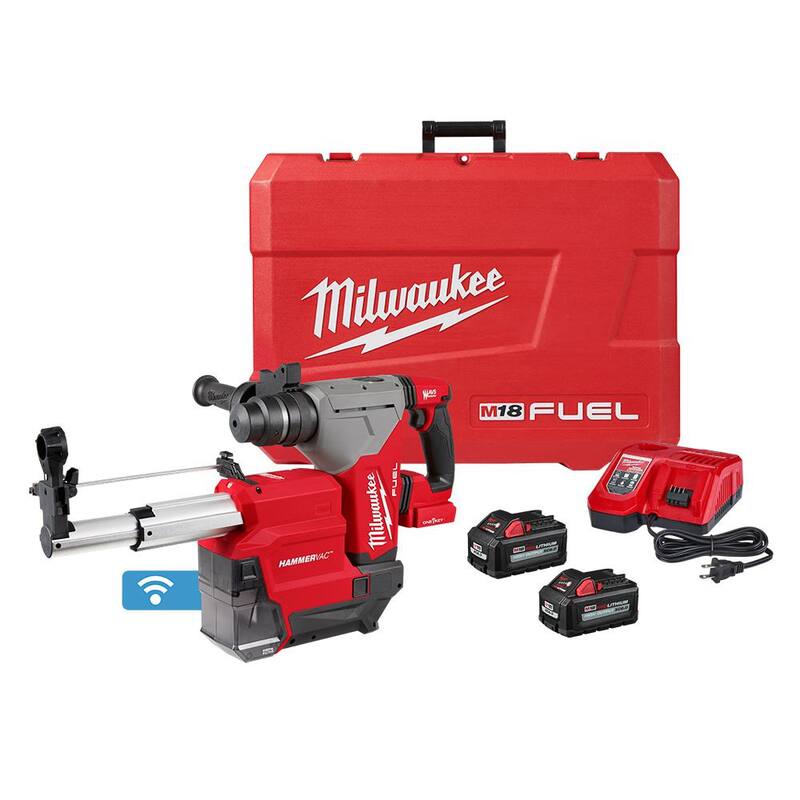 Milwaukee M18 FUEL 18V Lithium-Ion Brushless 1-1/8 in. Martillo rotativo SDS-Plus inalámbrico/Destornillador de polvo con extractor, Kit, Dos baterías de 6.0Ah - 2915-22DE