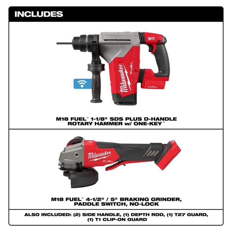 Martillo rotativo inalámbrico Milwaukee M18 FUEL 18V de iones de litio SDS-Plus 1-1/8 in. (Herramienta solamente) con amoladora de 4-1/2 in./5 in. - 2915-20-2888-20.