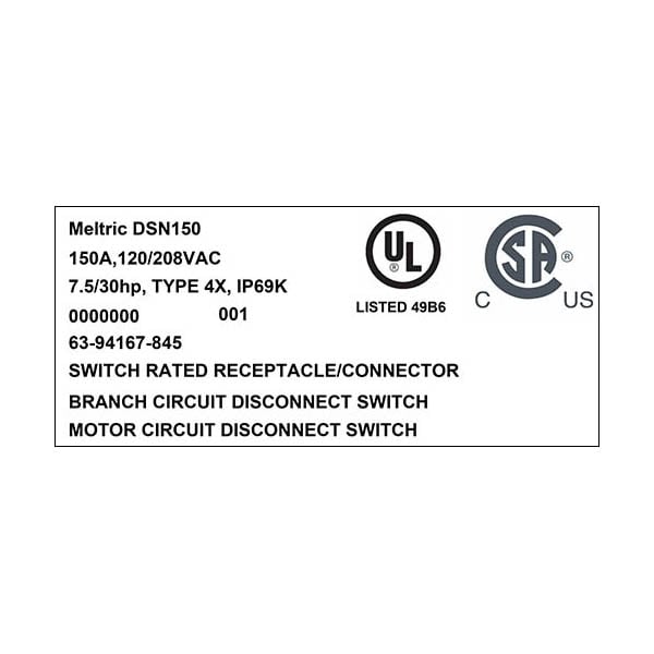 Receptáculo de clavija y enchufe Meltric, 150 A, 120/208V AC, NEMA 4X - 63-94167-845