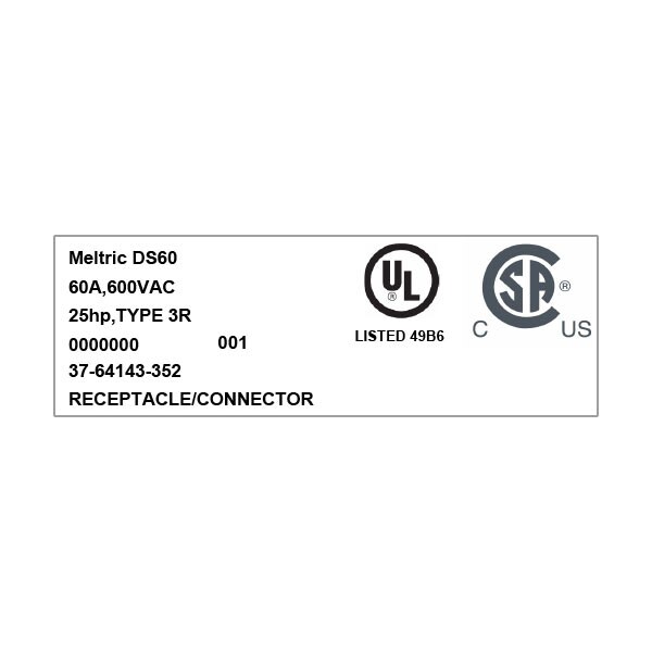 Receptáculo de pin y manga Meltric, 60 A, 600V CA, 3 polos, NEMA 4X - 37-64143-352