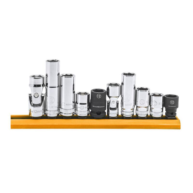 Juego de 10 llaves de vaso de 6 puntos de 12 mm con riel de llaves de 1/4 de pulgada y 3/8 de pulgada de GEARWRENCH - 80576