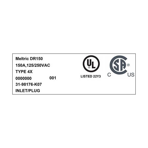 Receptáculo de clavija y enchufe Meltric, 150 A, 125/250V AC, 2 polos, NEMA 4X - 31-98176-K07