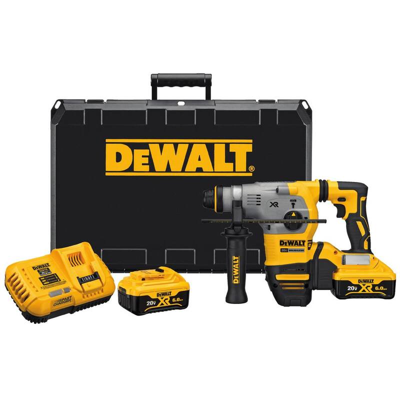 Martillo rotativo SDS Plus en L de forma inalámbrica y sin escobillas DEWALT 20V MAX XR de 1-1/8 in, (2) Baterías de 20V 6.0Ah y Cargador - DCH293R2