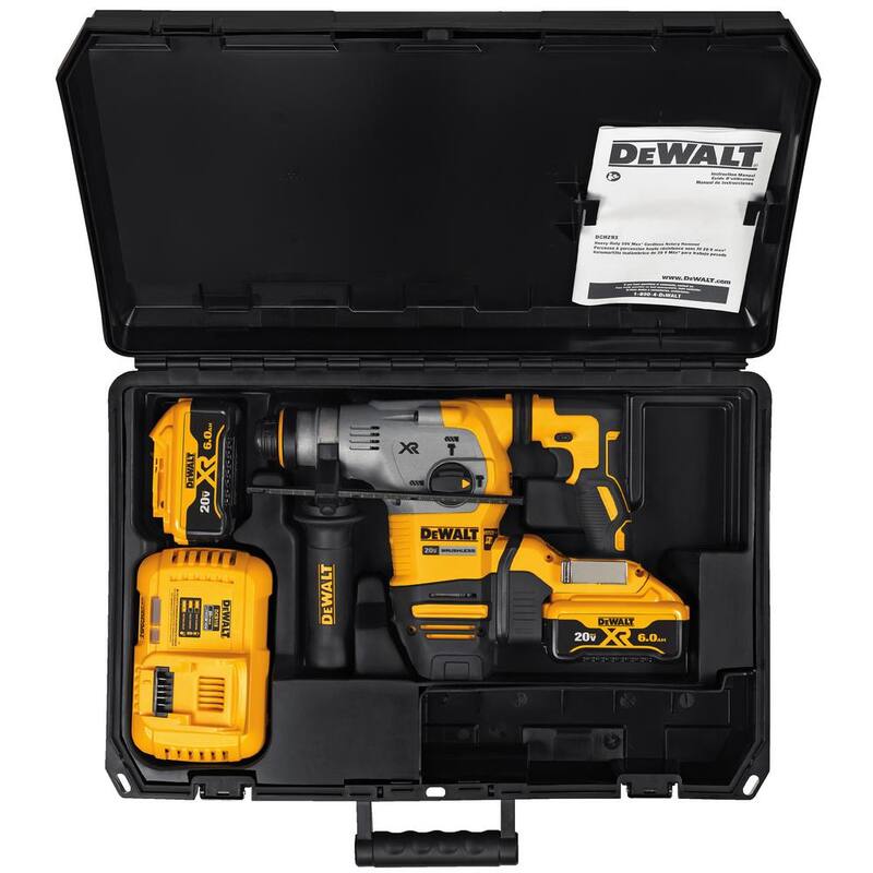 Martillo rotativo SDS Plus en L de forma inalámbrica y sin escobillas DEWALT 20V MAX XR de 1-1/8 in, (2) Baterías de 20V 6.0Ah y Cargador - DCH293R2
