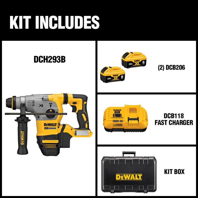 Martillo rotativo SDS Plus en L de forma inalámbrica y sin escobillas DEWALT 20V MAX XR de 1-1/8 in, (2) Baterías de 20V 6.0Ah y Cargador - DCH293R2